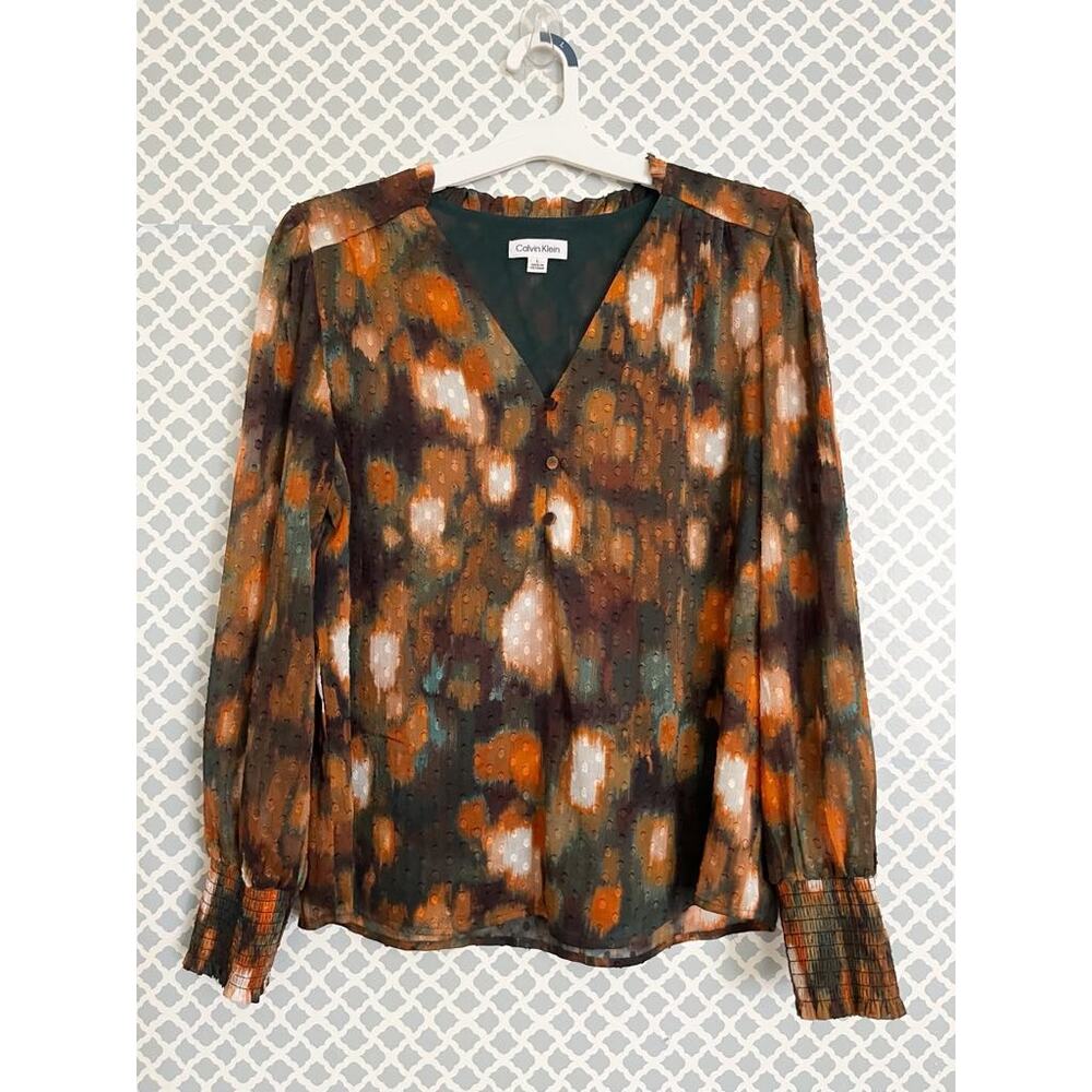 Calvin Klein Rust Brown Black Popover Blouse Large - Picture 3 of 9